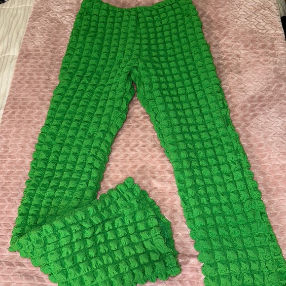 Pants - Green Texture Wide Leg Bottoms